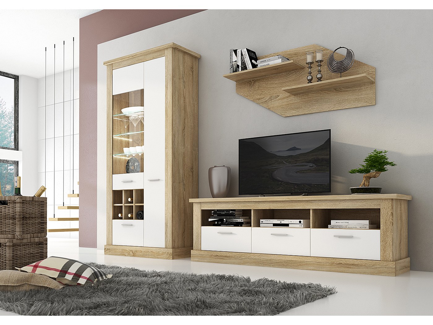 Meuble TV Mural Avec Colonnes & Vitrines - Design Moderne - Rangements Salon - Assemblage Requis