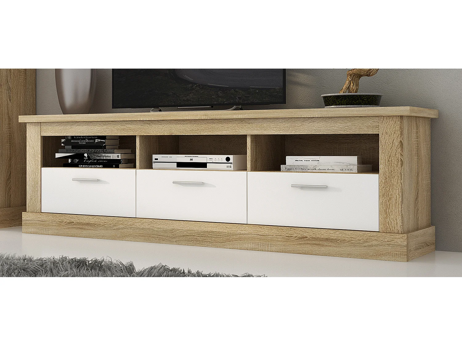 Ensemble de salon meuble TV + set de 2 étagères murales + vitrine avec LED coloris chêne cambrian, blanc