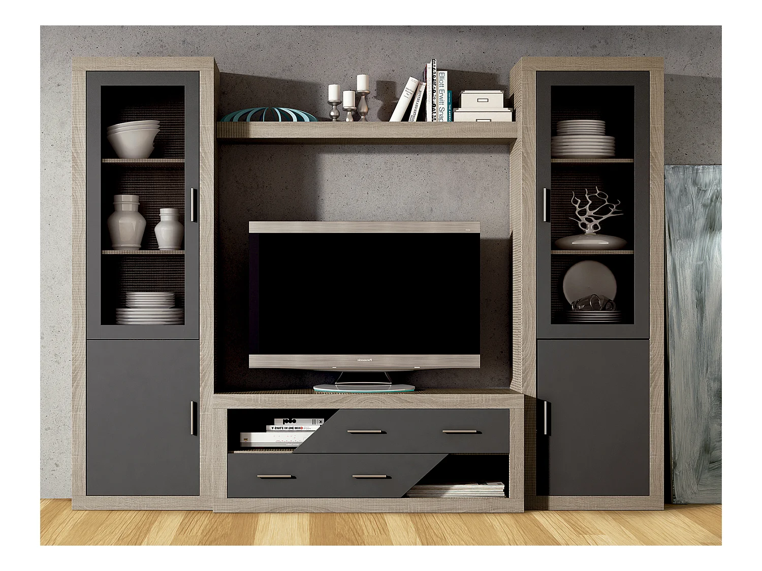 Ensemble de salon, meuble TV + étagère murale + vitrine coloris chêne cambrian, graphite