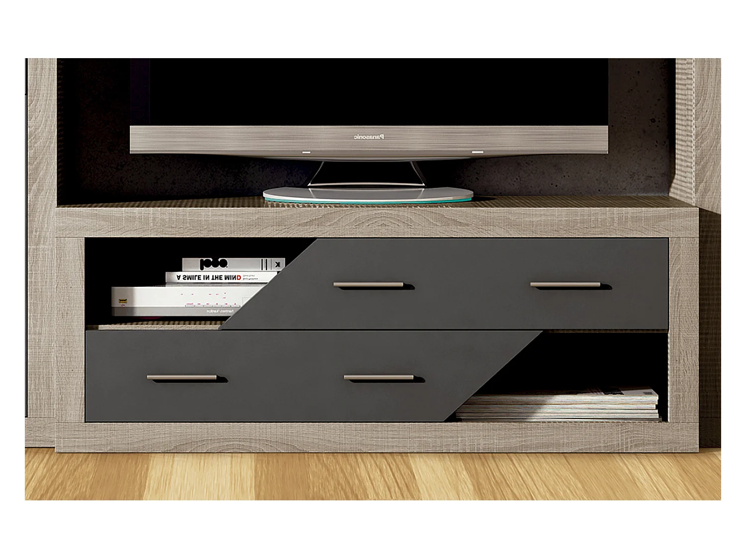 Ensemble de salon, meuble TV + étagère murale + vitrine coloris chêne cambrian, graphite