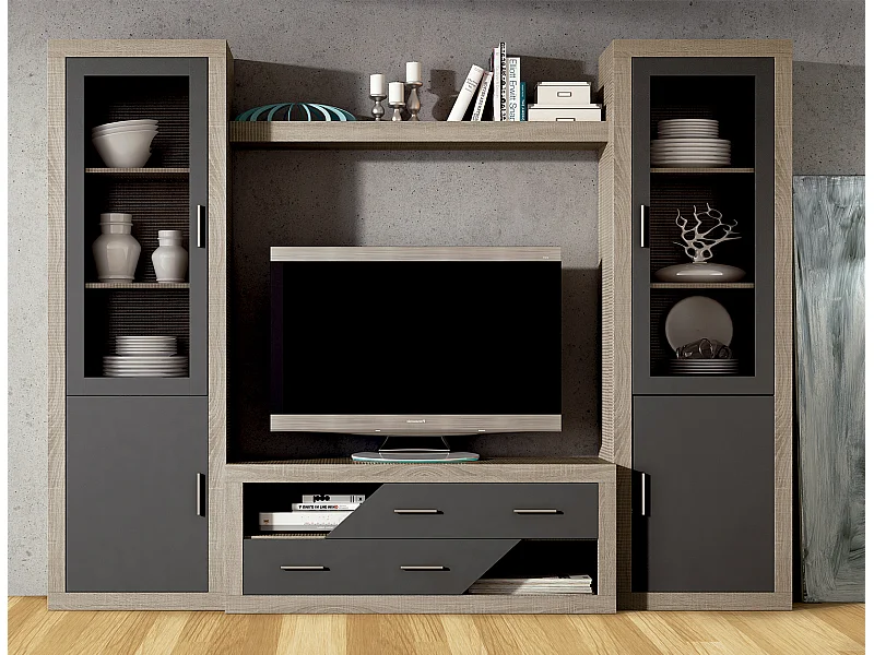 Ensemble de salon, meuble TV + étagère murale + vitrine coloris chêne cambrian, graphite