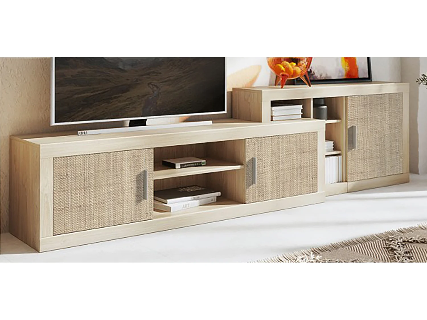 Set meuble TV + meuble bas 1 porte + meuble bas de 3 étagères coloris chêne cambrian, effet textile