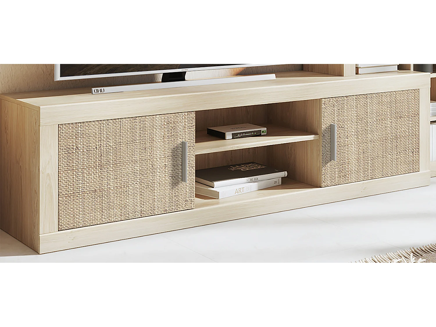 Set meuble TV + meuble bas 1 porte + meuble bas de 3 étagères coloris chêne cambrian, effet textile