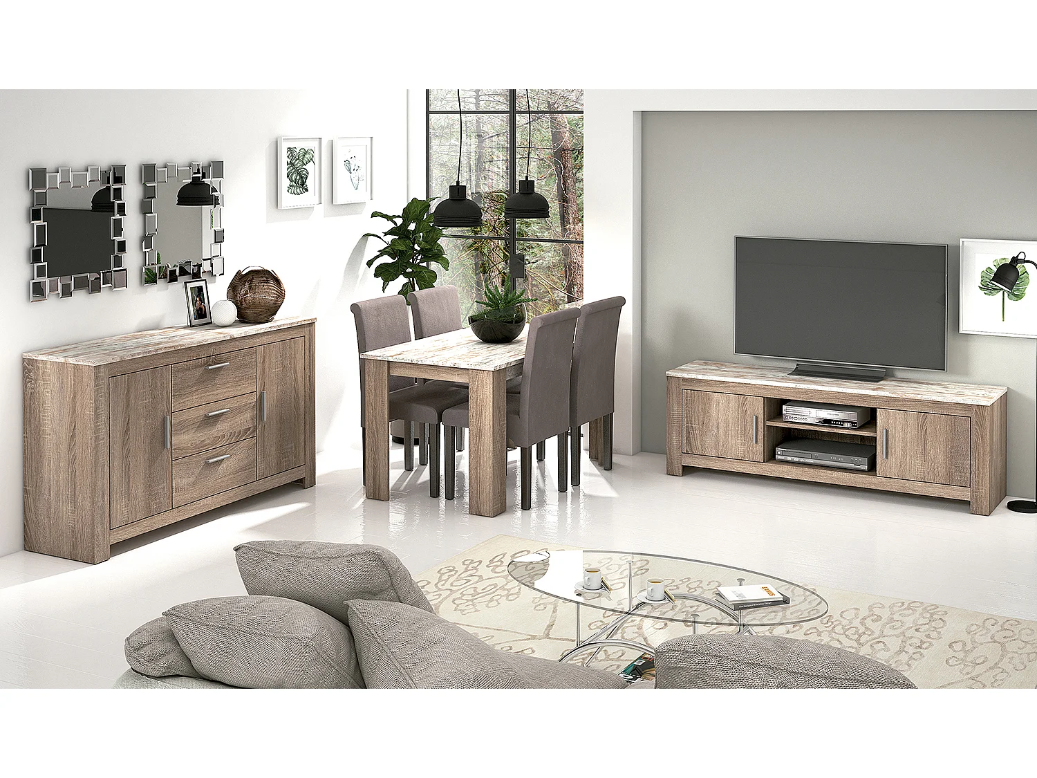 Ensemble de salon complet meuble TV, table à manger, set de 4 chaises, buffet coloris chêne truffé, blanc vieilli