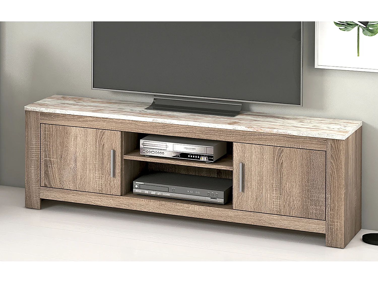 Ensemble de salon complet meuble TV, table à manger, set de 4 chaises, buffet coloris chêne truffé, blanc vieilli