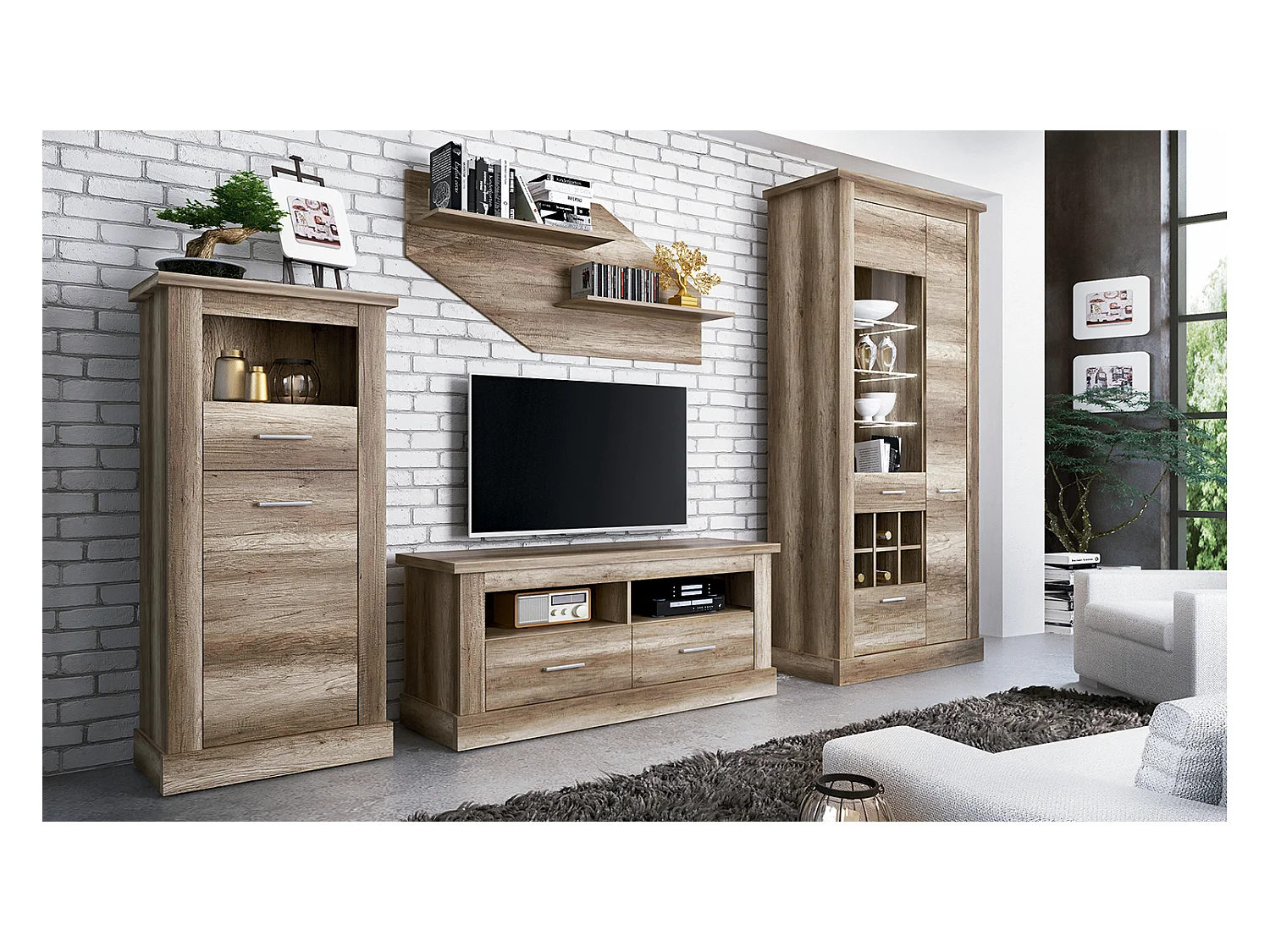 Ensemble de salon meuble TV + vitrine avec LED + Etagère murale + buffet coloris chêne vieilli