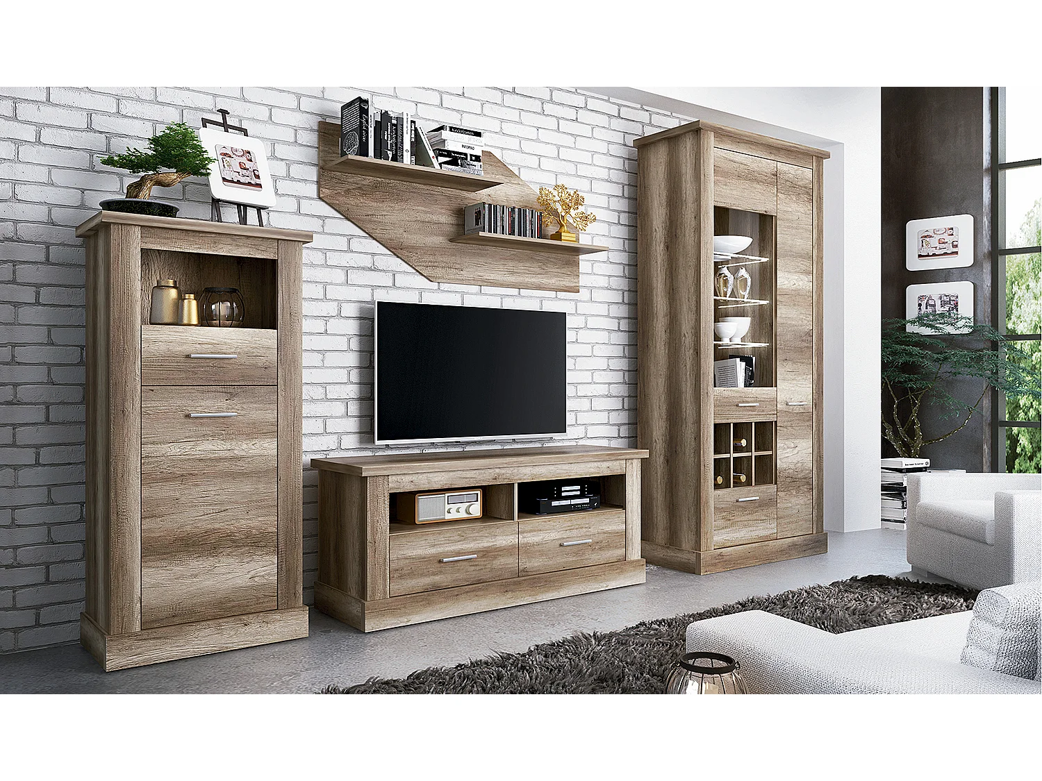 Ensemble de salon meuble TV + vitrine avec LED + Etagère murale + buffet coloris chêne vieilli