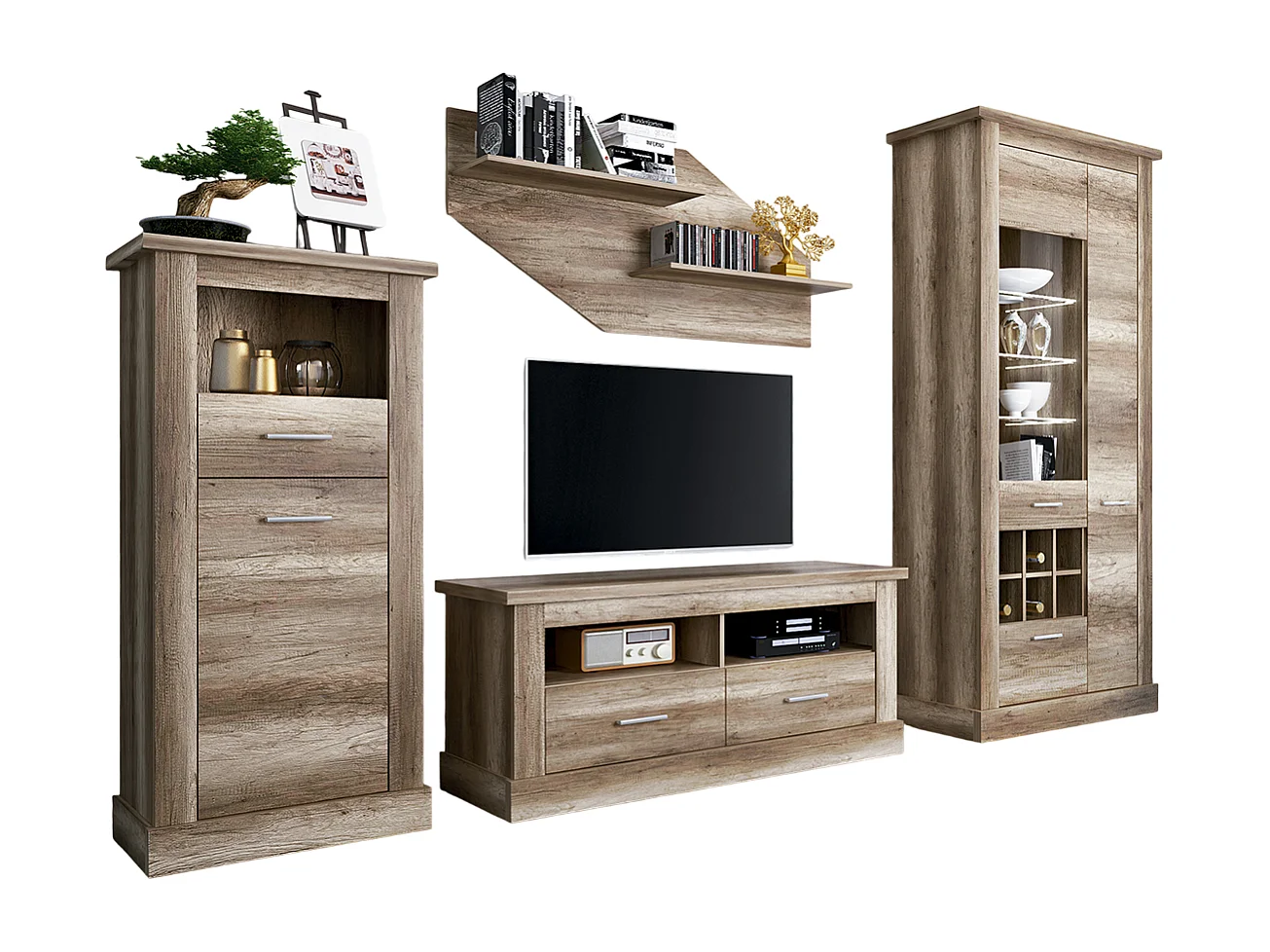 Ensemble de salon meuble TV + vitrine avec LED + Etagère murale + buffet coloris chêne vieilli
