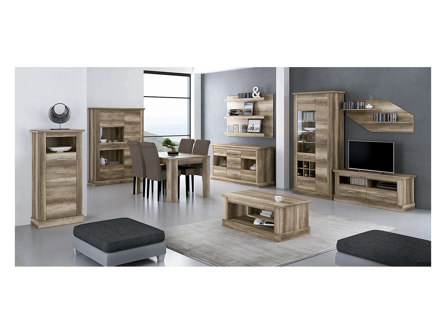 Ensemble de salon complet, meuble TV, étagère murale, Buffet, table à manger, vitrine, table basse coloris chêne vieilli