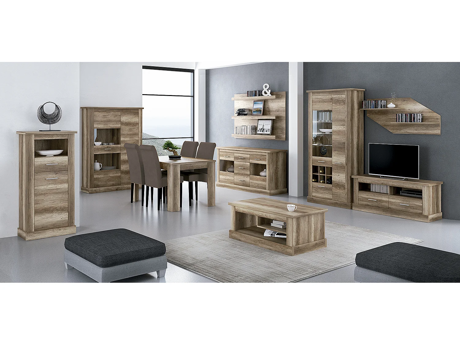 Ensemble de salon complet, meuble TV, étagère murale, Buffet, table à manger, vitrine, table basse coloris chêne vieilli