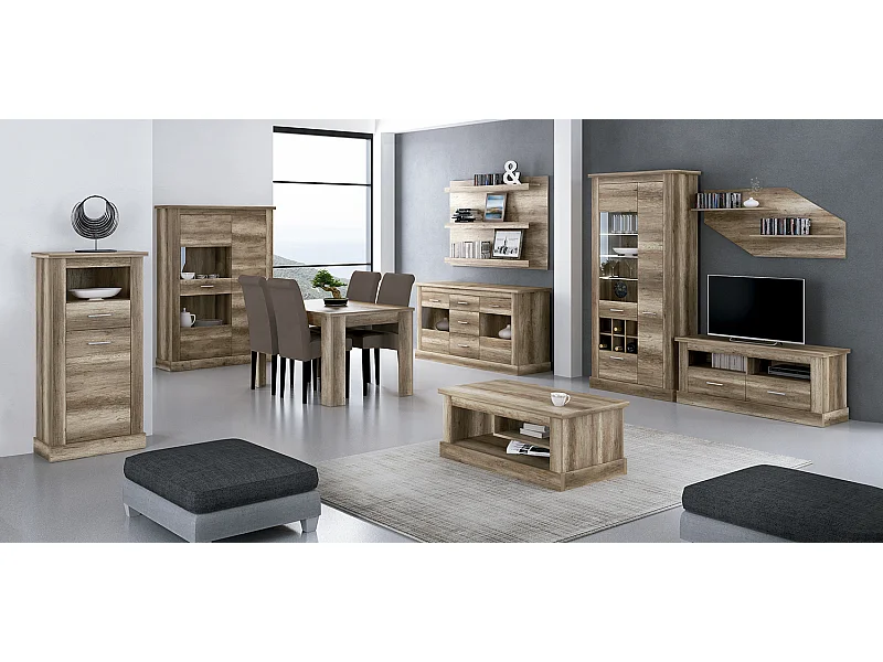 Ensemble de salon complet, meuble TV, étagère murale, Buffet, table à manger, vitrine, table basse coloris chêne vieilli