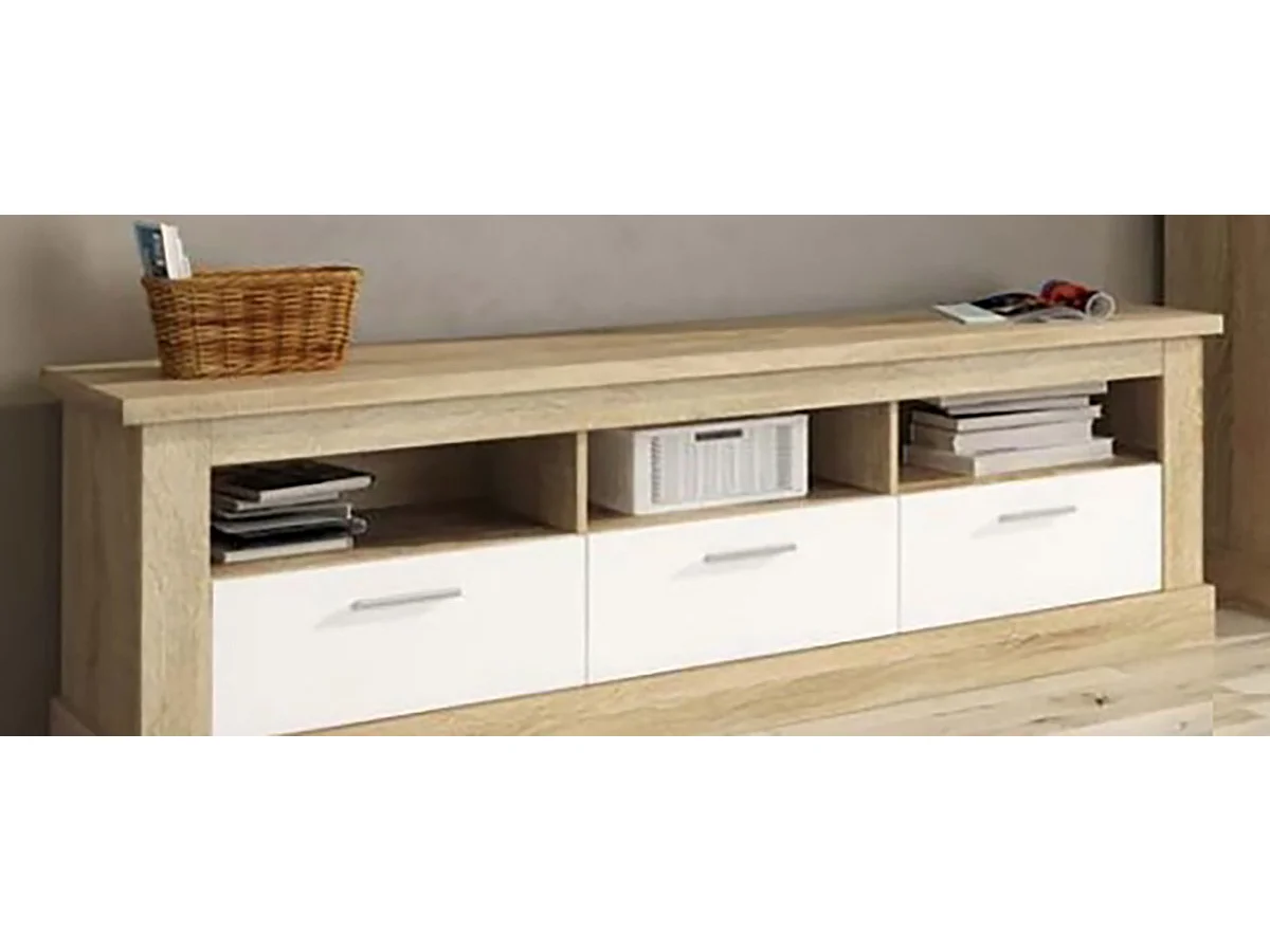 Ensemble de salon meuble TV + vitrine basse + panneau TV coloris chêne cambrian, blanc