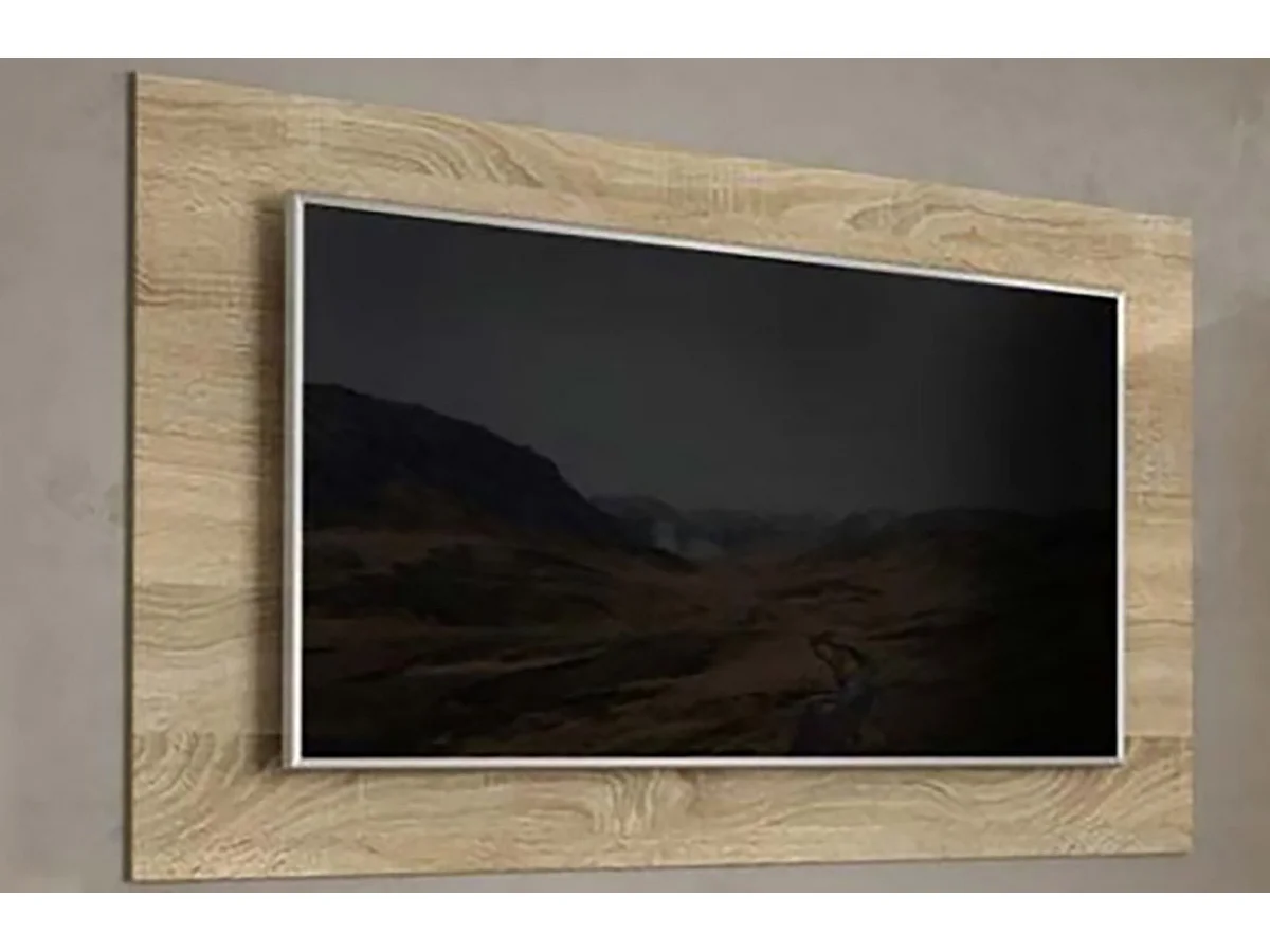 Ensemble de salon meuble TV + vitrine basse + panneau TV coloris chêne cambrian, blanc