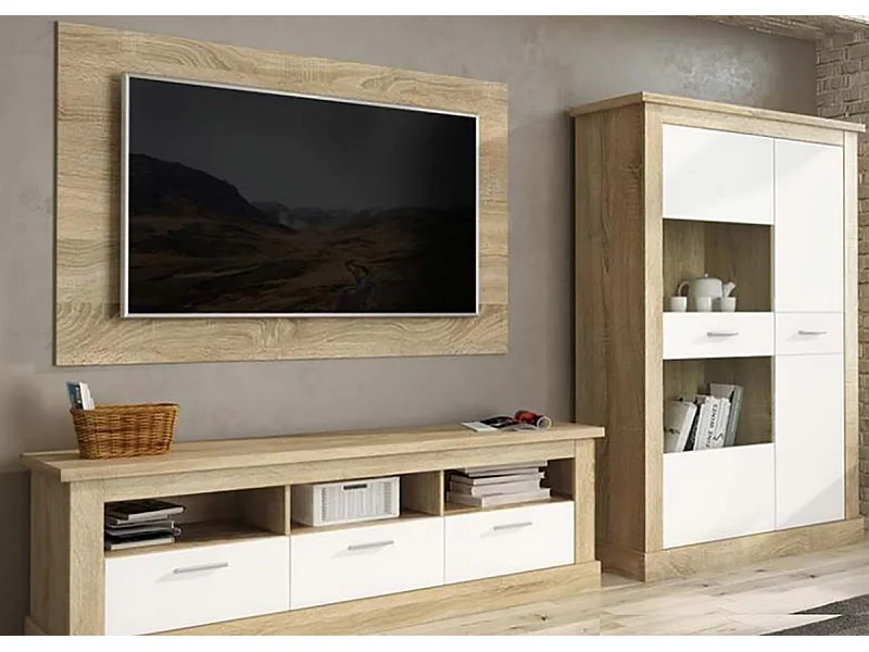Ensemble de salon meuble TV + vitrine basse + panneau TV coloris chêne cambrian, blanc