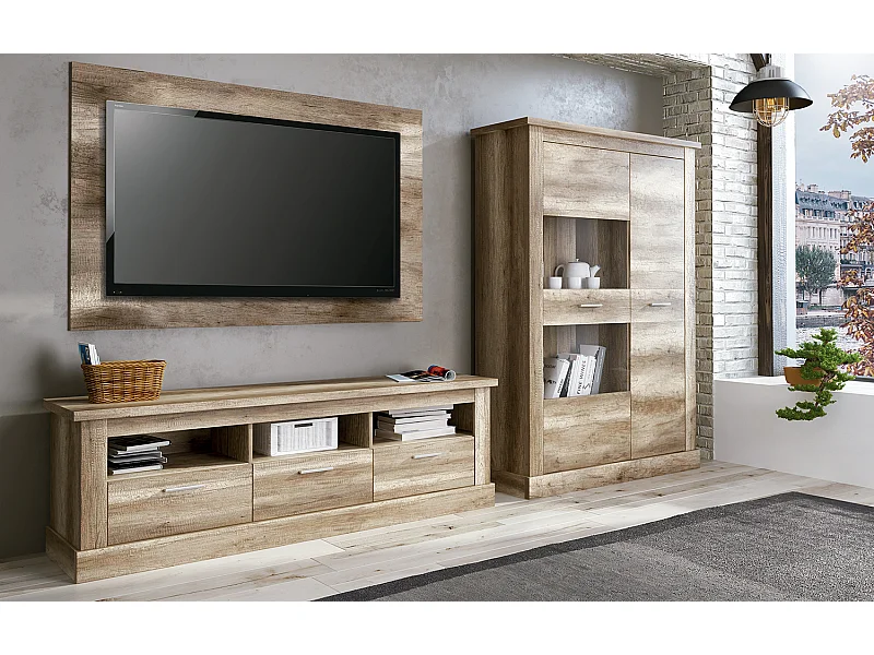 Ensemble de salon meuble TV + vitrine basse + panneau TV coloris chêne vieilli