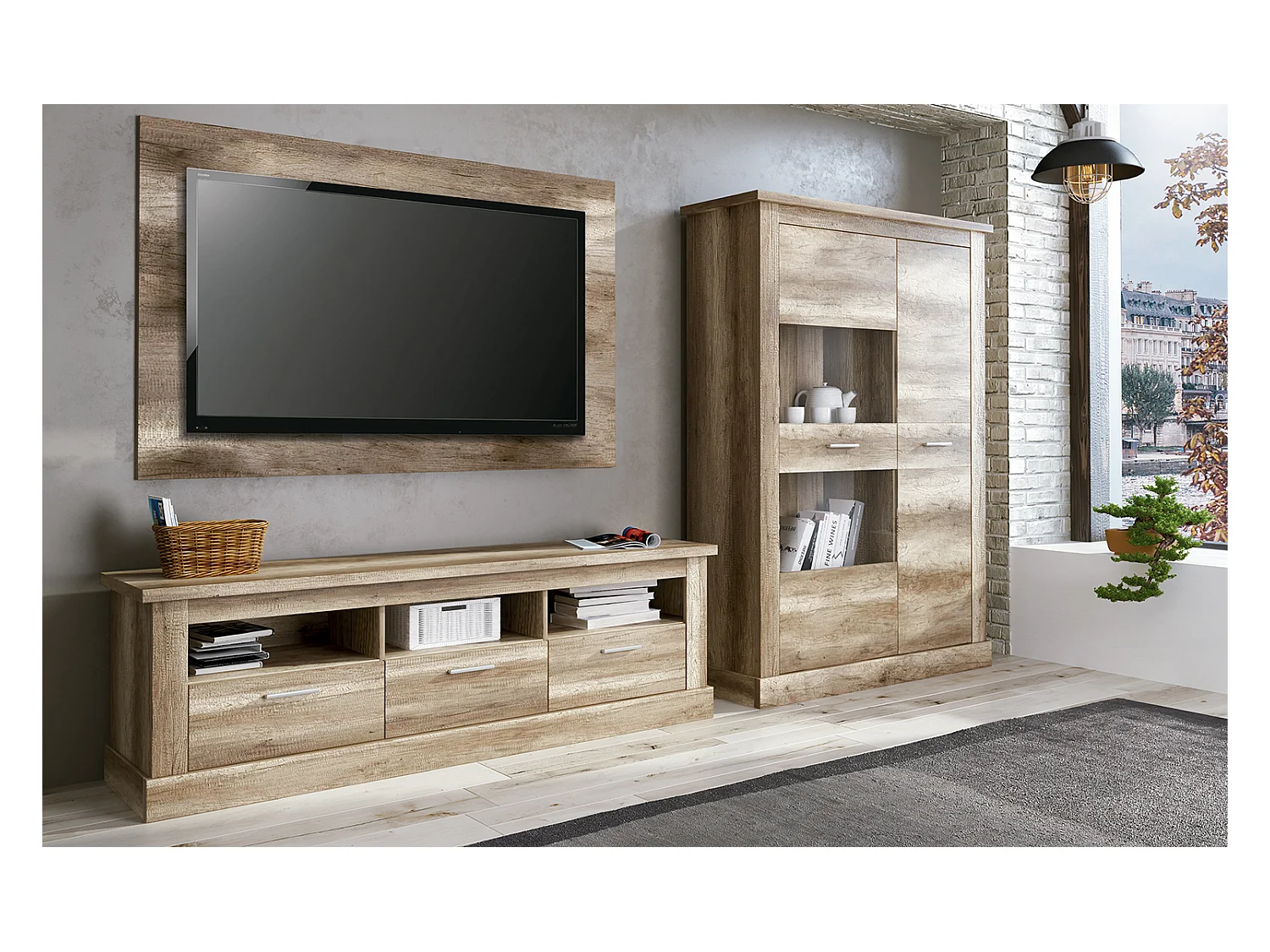 Ensemble de salon meuble TV + vitrine basse + panneau TV coloris chêne vieilli