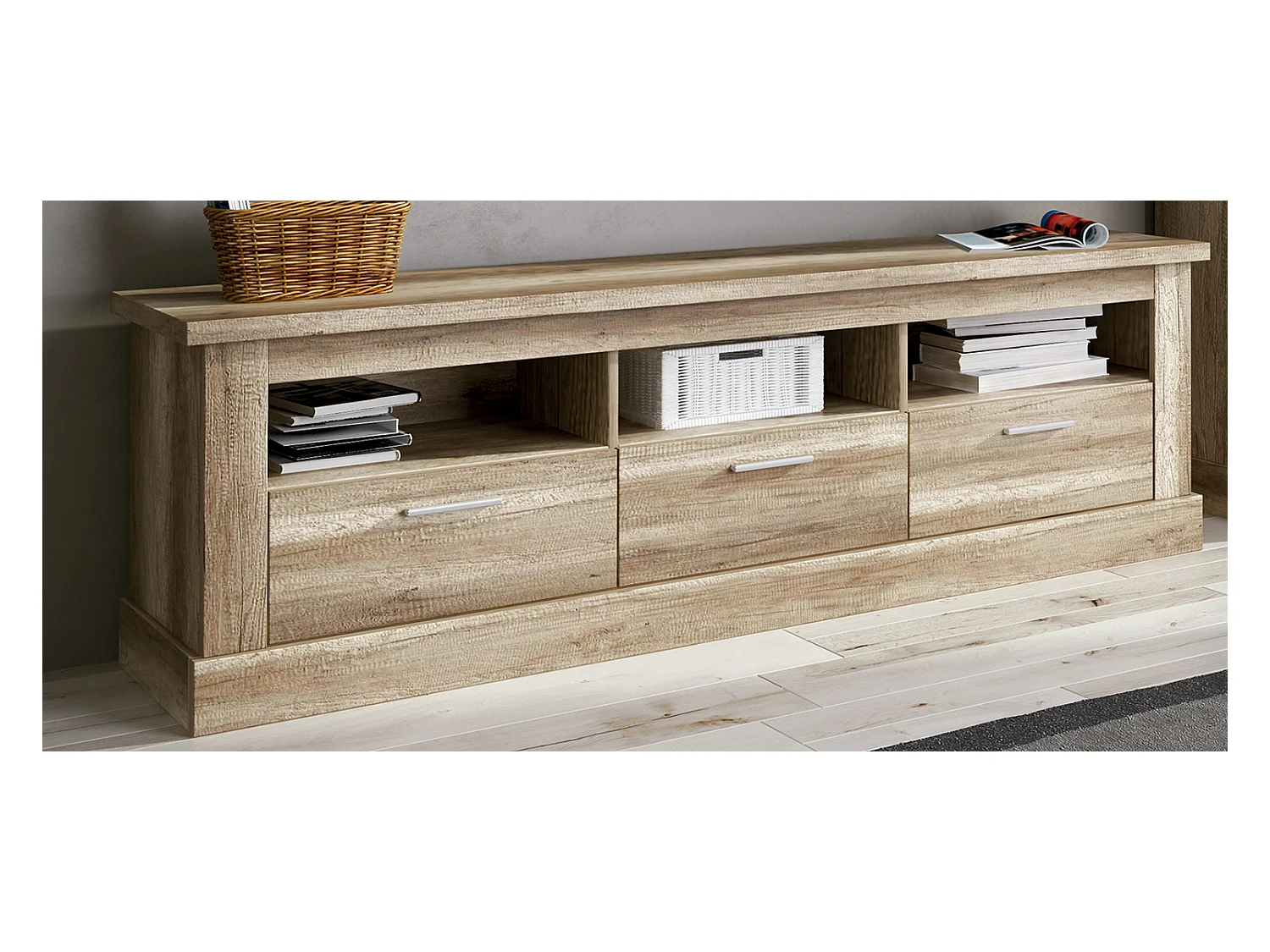 Ensemble de salon meuble TV + vitrine basse + panneau TV coloris chêne vieilli