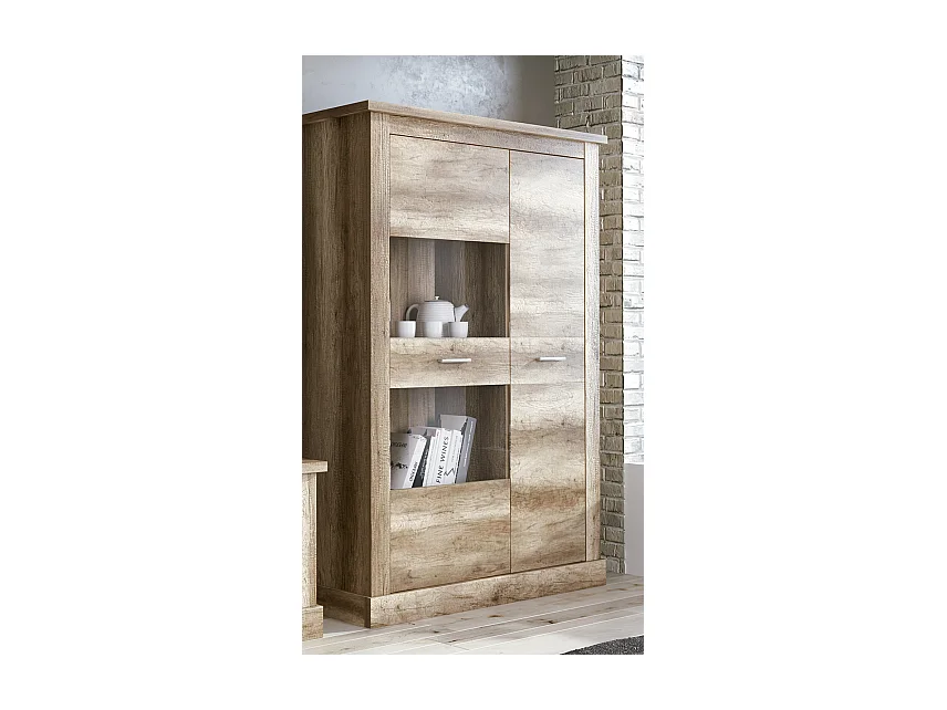 Ensemble de salon meuble TV + vitrine basse + panneau TV coloris chêne vieilli