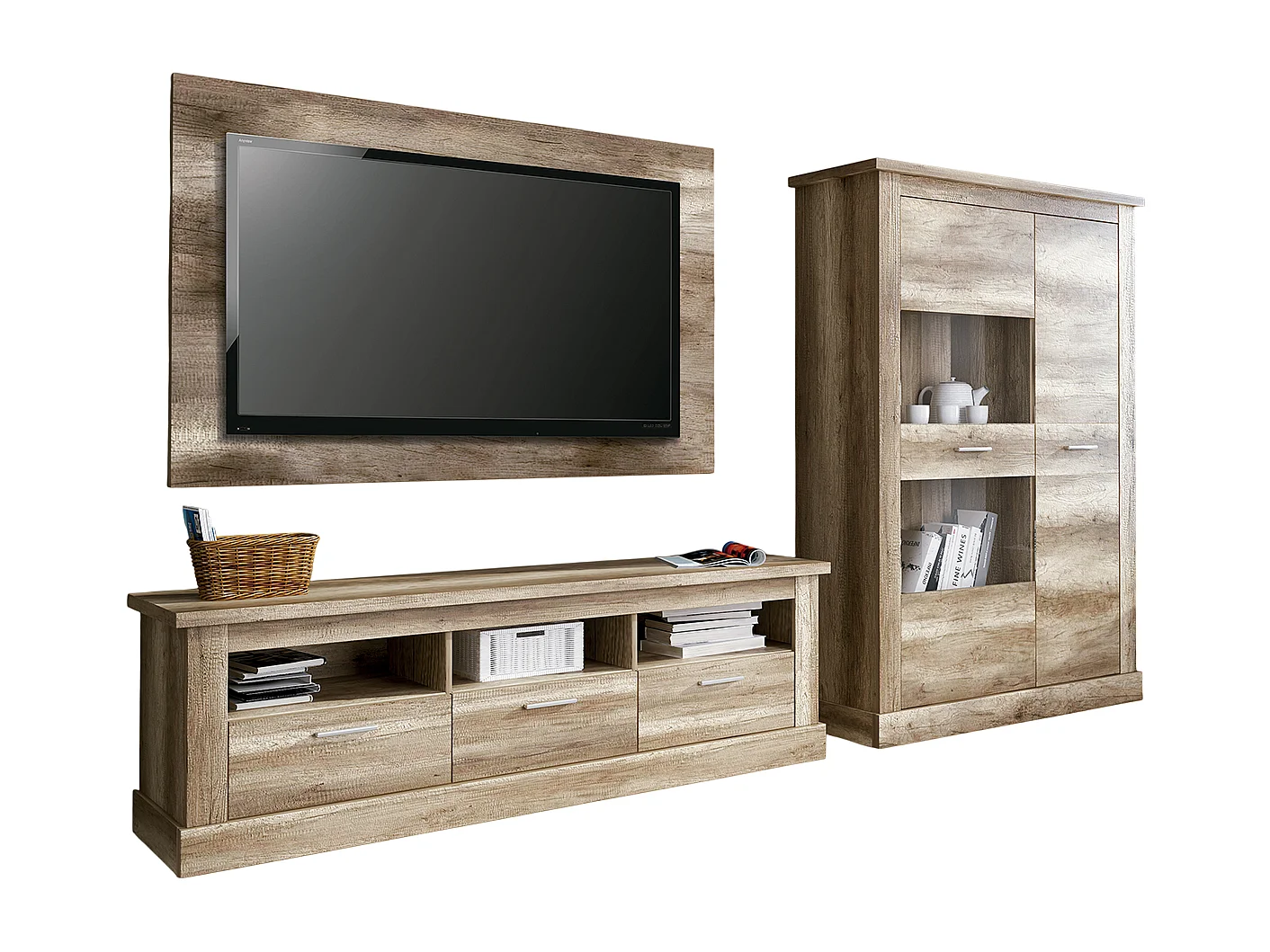 Ensemble de salon meuble TV + vitrine basse + panneau TV coloris chêne vieilli