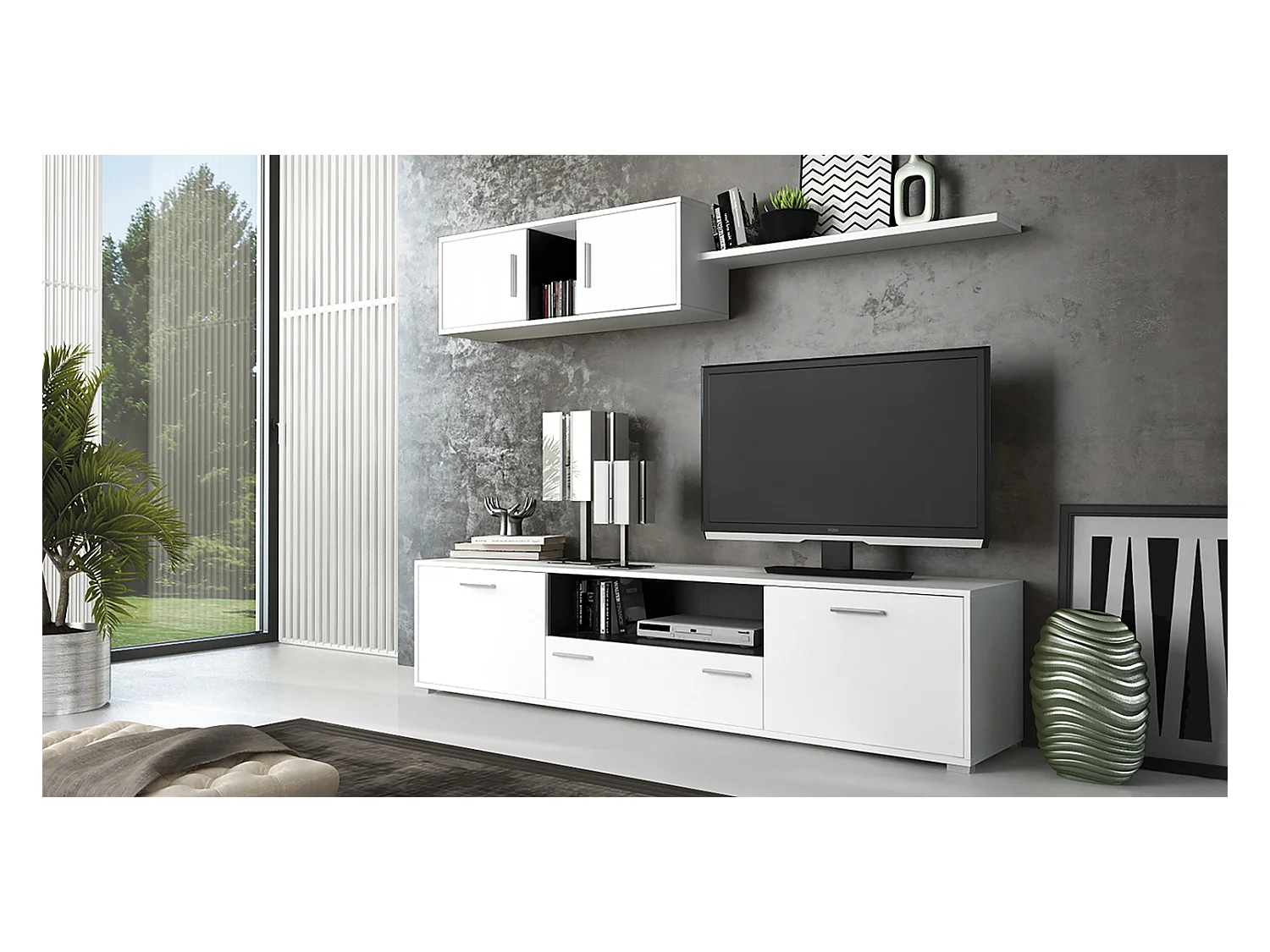 Ensemble de salon meuble TV + 1 étagère murale + meuble haut coloris blanc, graphite