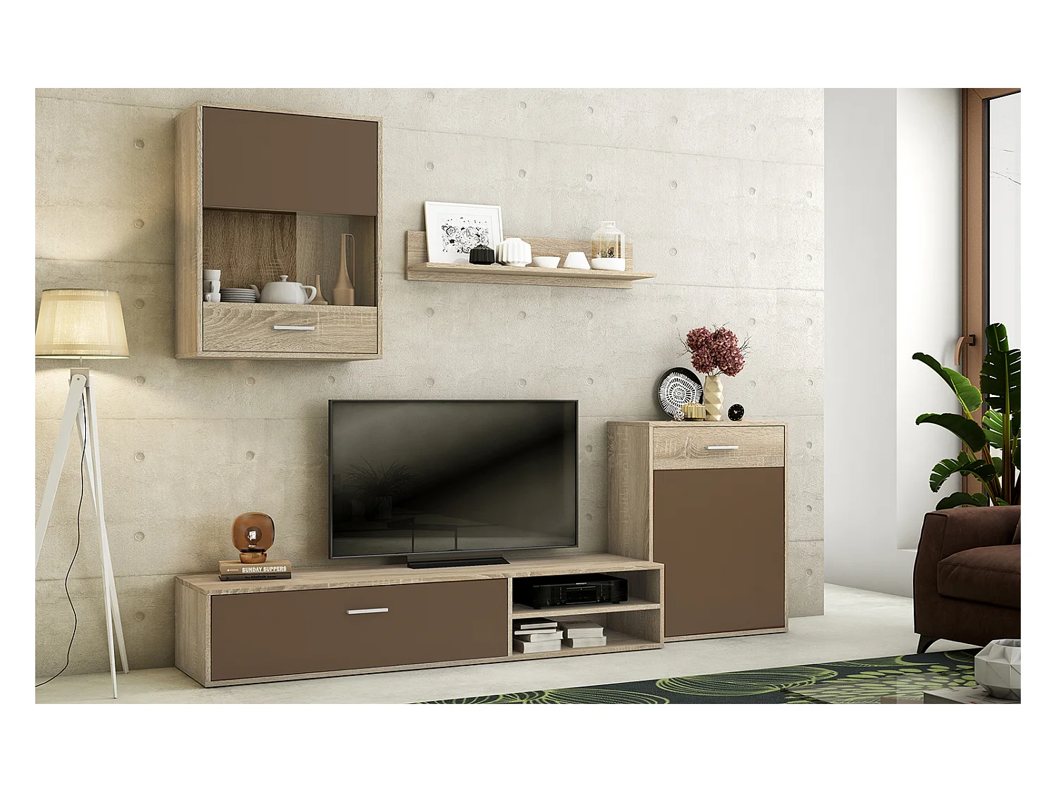 Ensemble de salon meuble TV + 1 étagère murale + meuble haut + meuble bas coloris chêne cambrian, chocolat