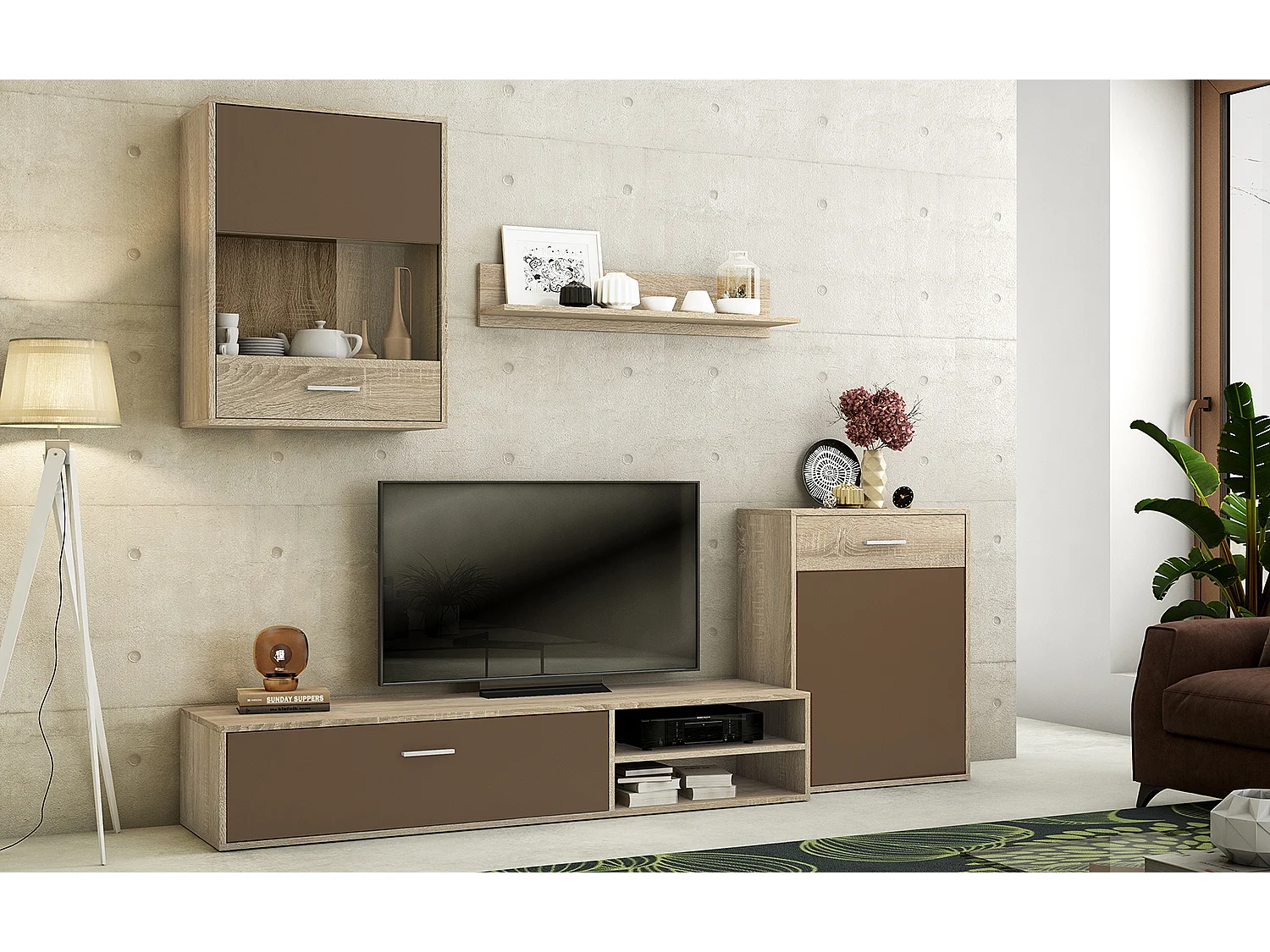 Ensemble de salon meuble TV + 1 étagère murale + meuble haut + meuble bas coloris chêne cambrian, chocolat