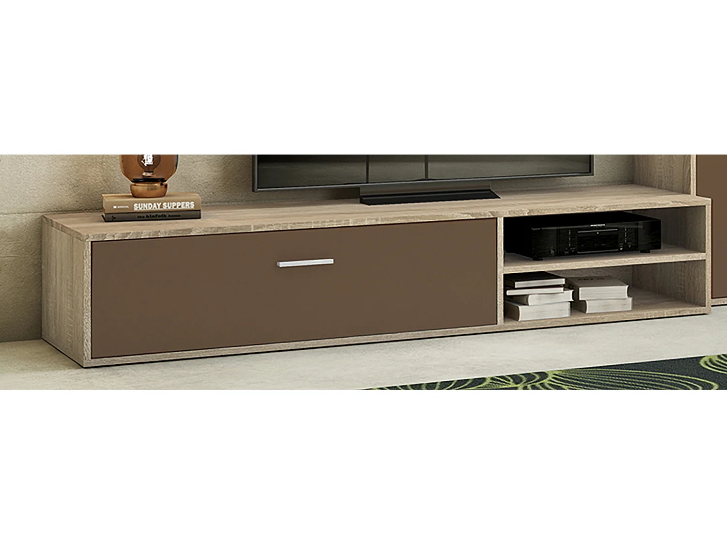 Ensemble de salon meuble TV + 1 étagère murale + meuble haut + meuble bas coloris chêne cambrian, chocolat