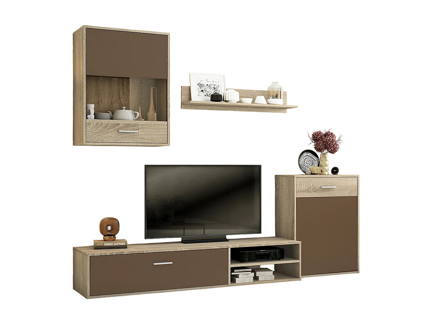 Ensemble de salon meuble TV + 1 étagère murale + meuble haut + meuble bas coloris chêne cambrian, chocolat