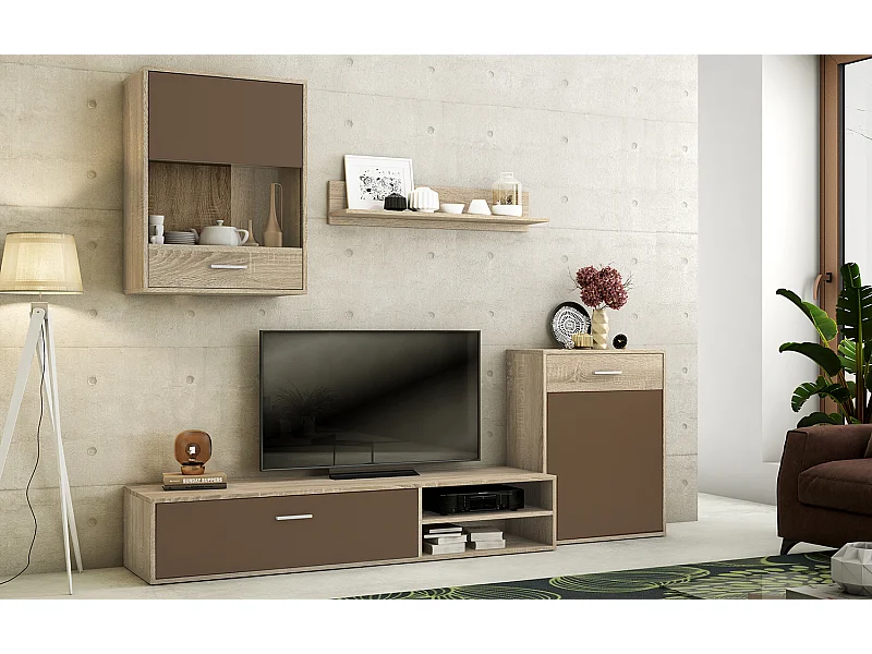 Ensemble de salon meuble TV + 1 étagère murale + meuble haut + meuble bas coloris chêne cambrian, chocolat