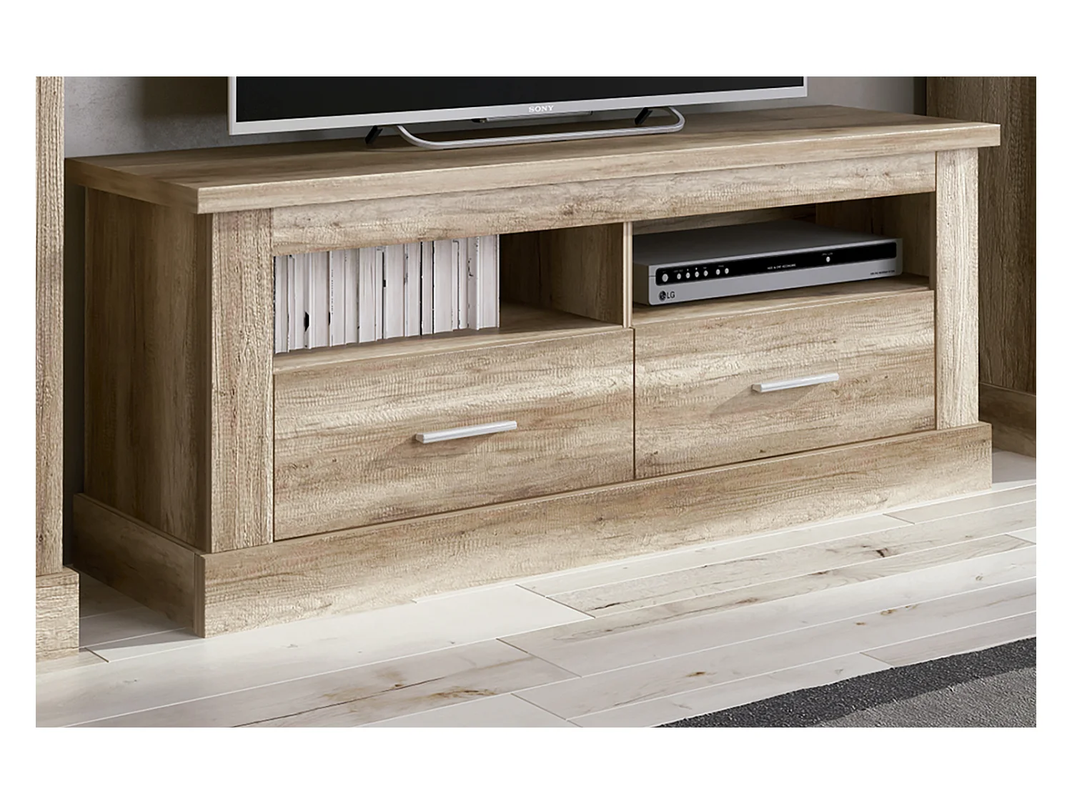 Set de salon, meuble TV + 2 étagères murales + vitrine + bahut coloris chêne vieilli