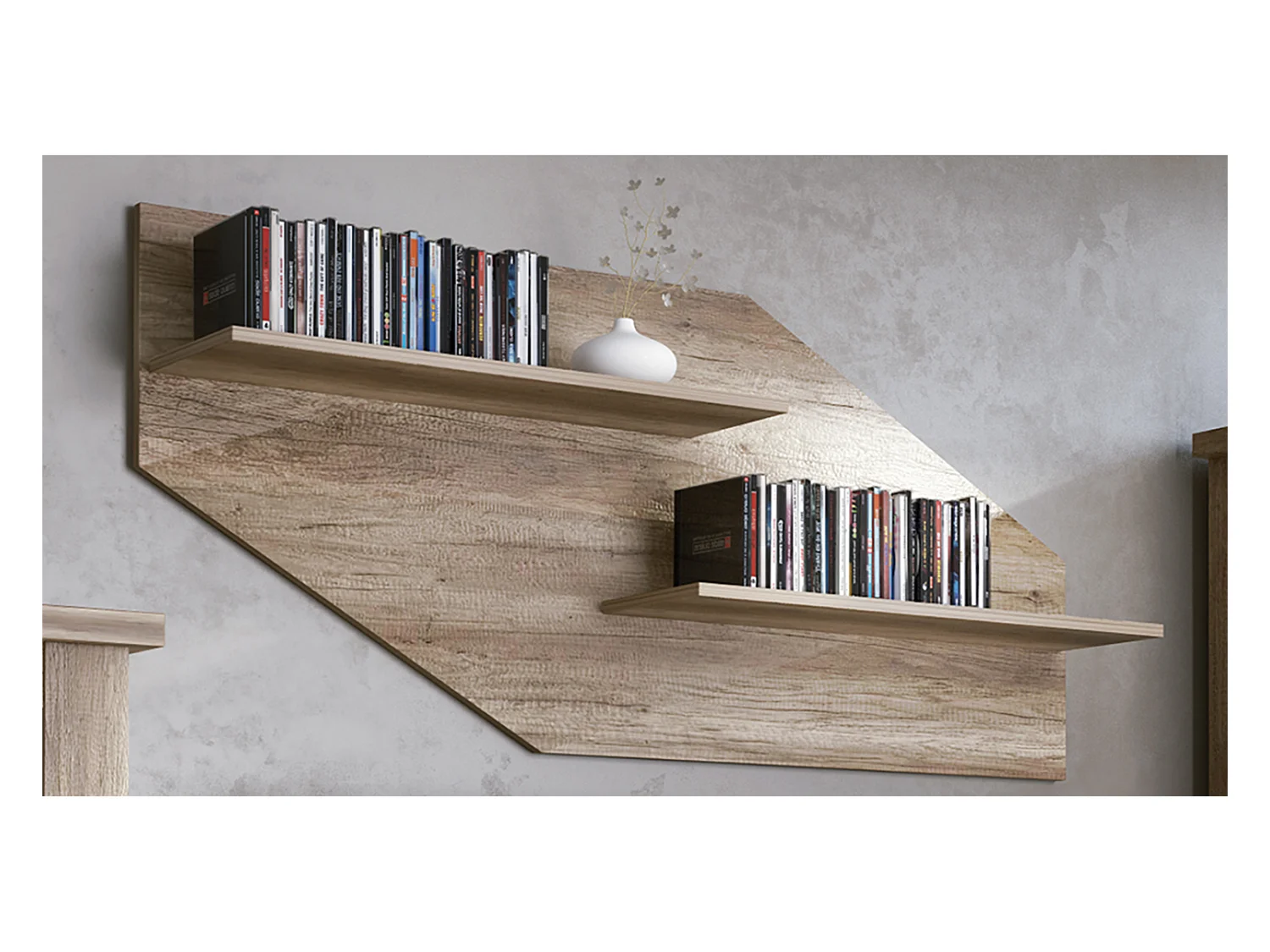 Set de salon, meuble TV + 2 étagères murales + vitrine + bahut coloris chêne vieilli