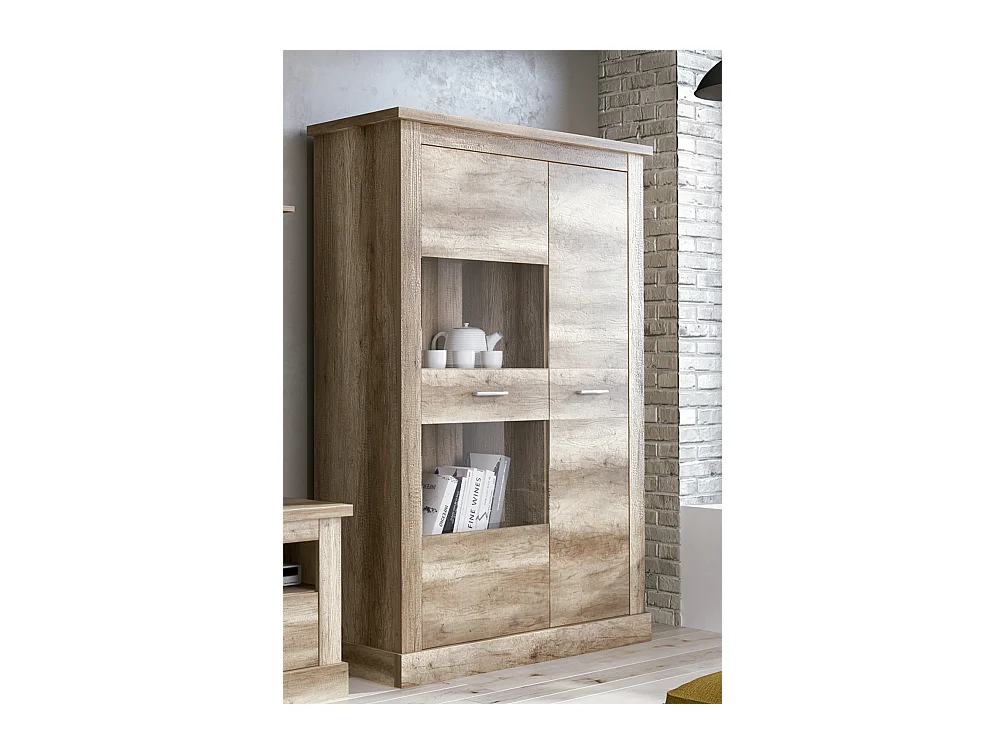 Set de salon, meuble TV + 2 étagères murales + vitrine + bahut coloris chêne vieilli