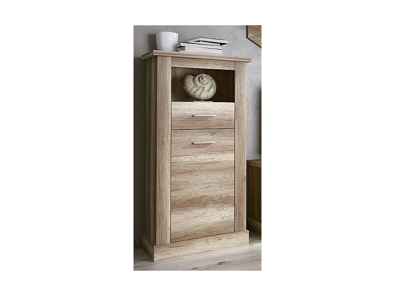 Set de salon, meuble TV + 2 étagères murales + vitrine + bahut coloris chêne vieilli