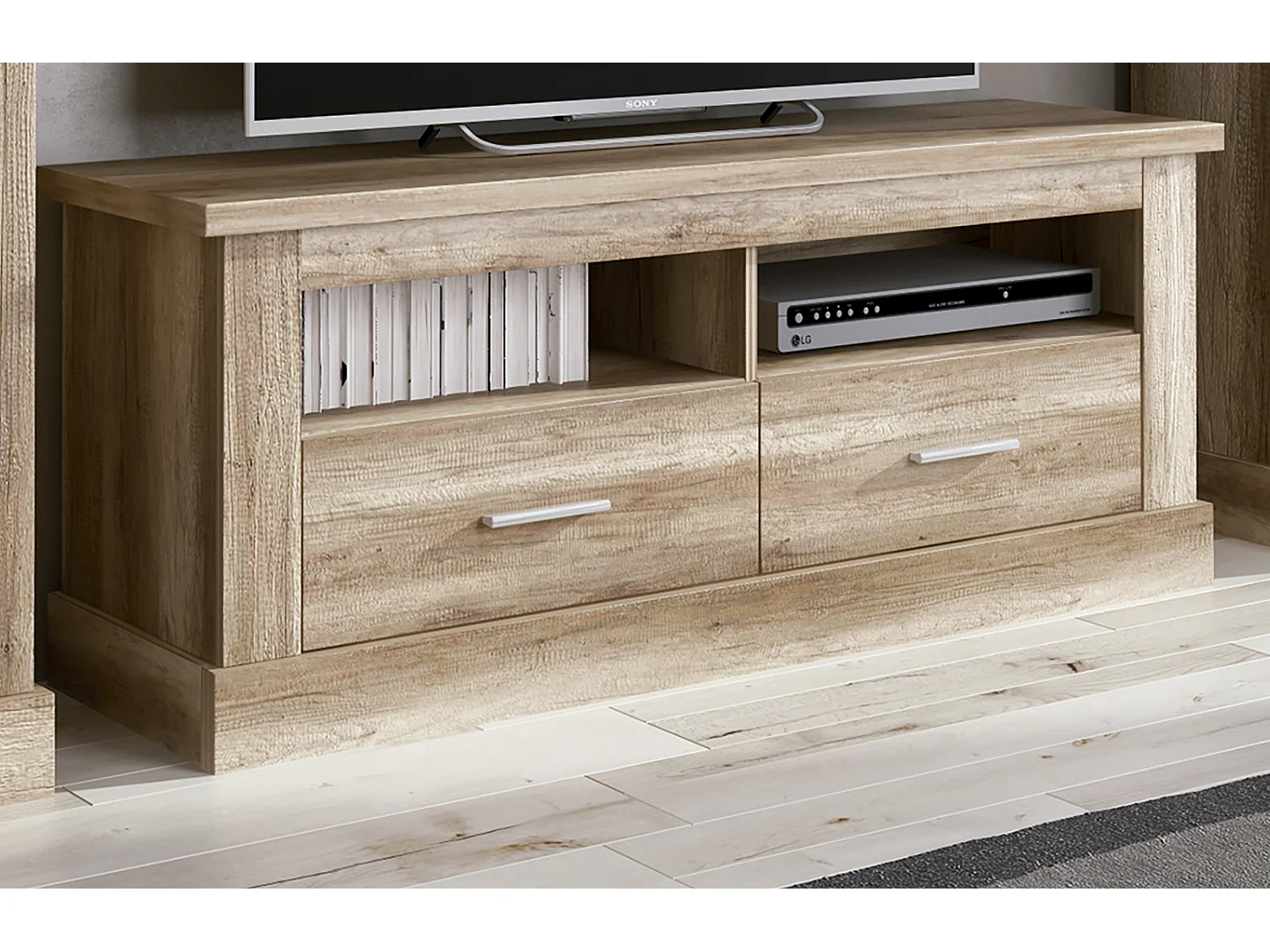 Set de salon, meuble TV + 2 étagères murales + vitrine + bahut coloris chêne vieilli