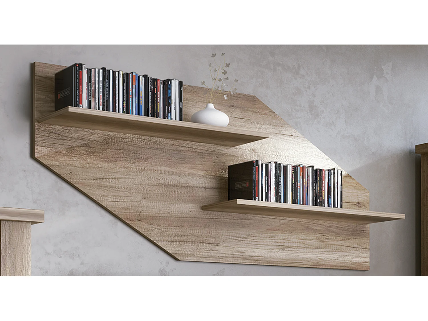 Set de salon, meuble TV + 2 étagères murales + vitrine + bahut coloris chêne vieilli