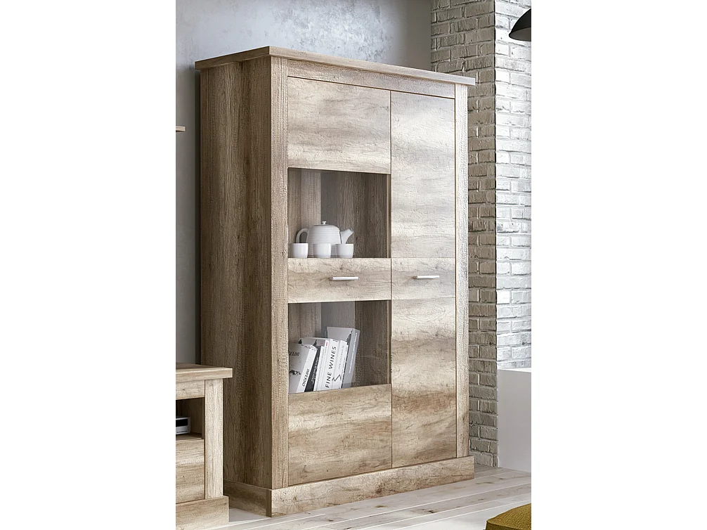 Set de salon, meuble TV + 2 étagères murales + vitrine + bahut coloris chêne vieilli