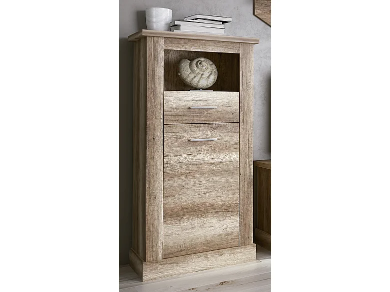 Set de salon, meuble TV + 2 étagères murales + vitrine + bahut coloris chêne vieilli