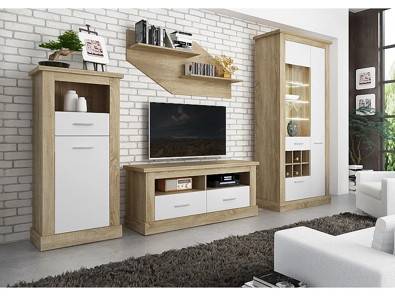 Ensemble de salon meuble TV + vitrine avec LED + Etagère murale + buffet coloris chêne cambrian, blanc