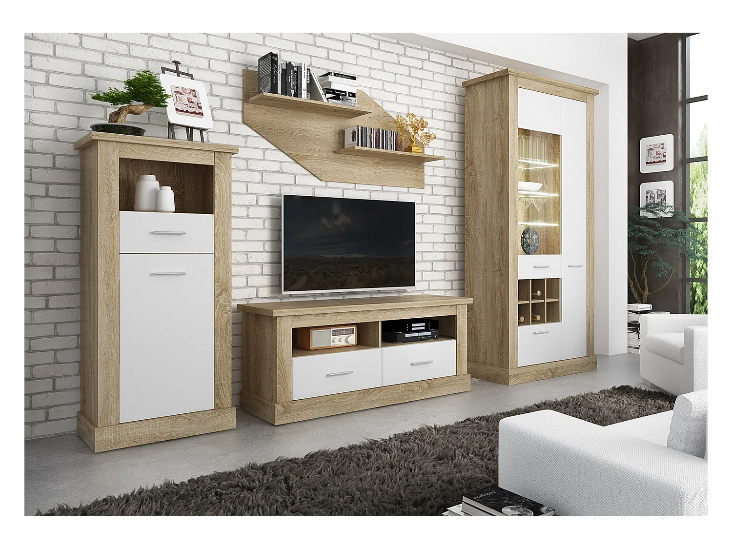Ensemble de salon meuble TV + vitrine avec LED + Etagère murale + buffet coloris chêne cambrian, blanc