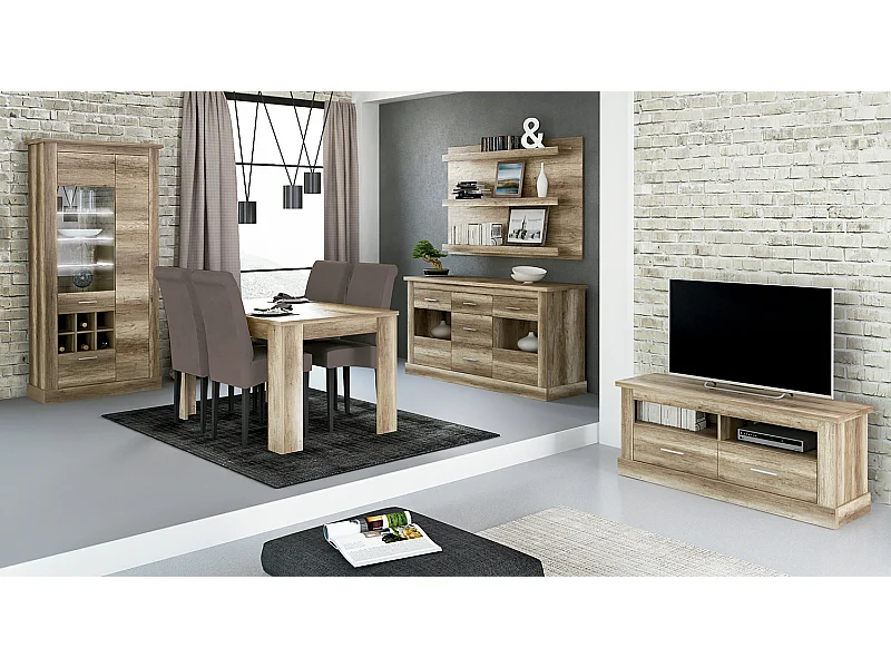 Ensemble de salon complet, meuble TV, étagère murale, vitrine, buffet, table à manger coloris chêne vieilli
