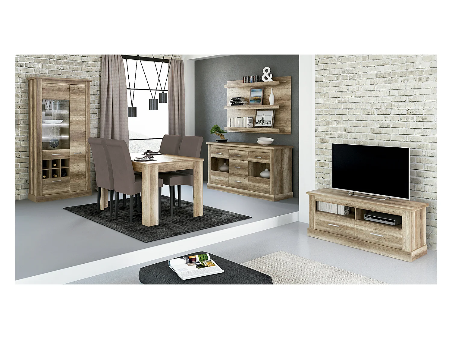 Ensemble de salon complet, meuble TV, étagère murale, vitrine, buffet, table à manger coloris chêne vieilli