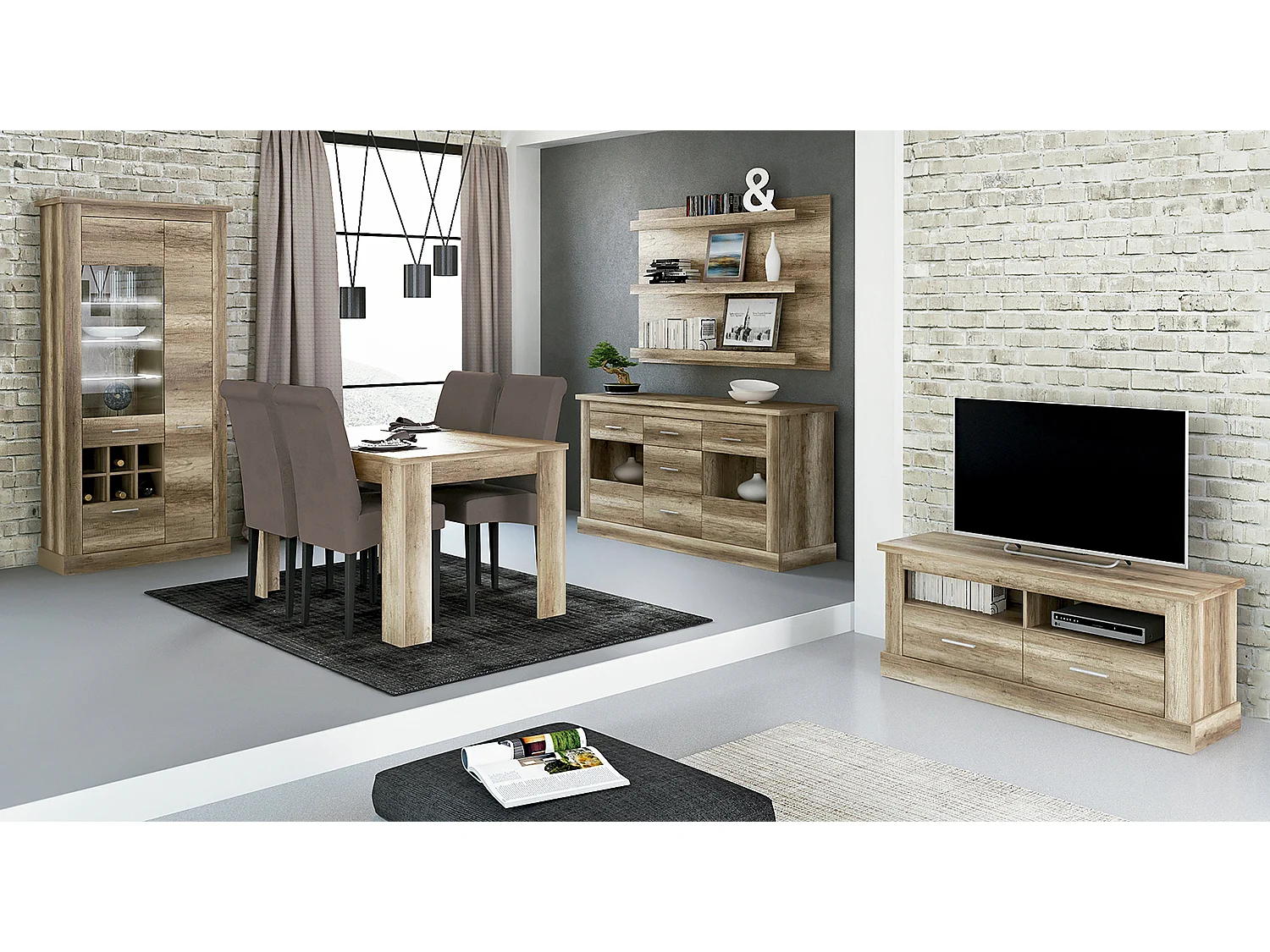 Ensemble de salon complet, meuble TV, étagère murale, vitrine, buffet, table à manger coloris chêne vieilli