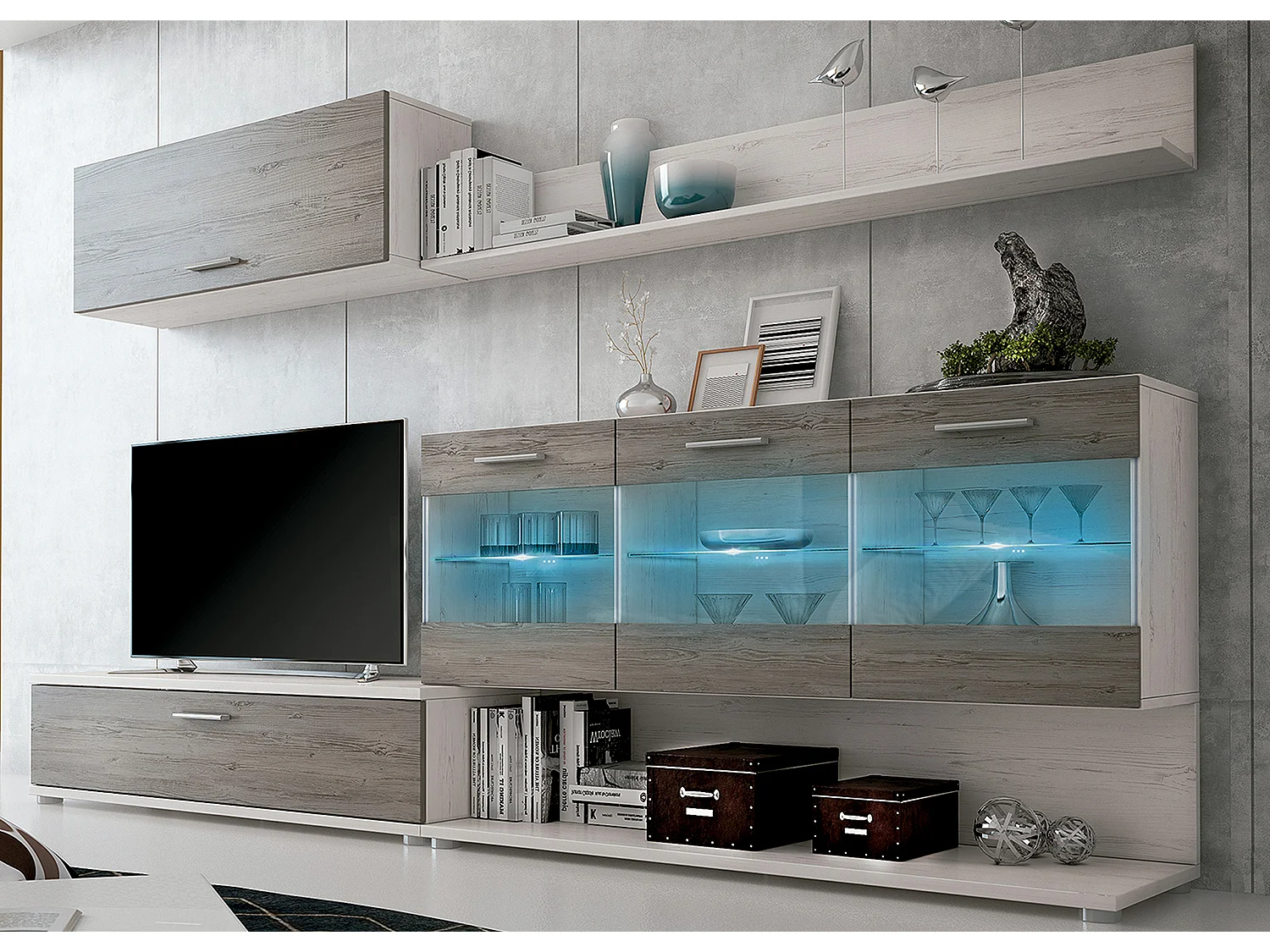 Set de TV, meuble TV, étagère haute , meuble haut, vitrine LED coloris pin Andersen, gris