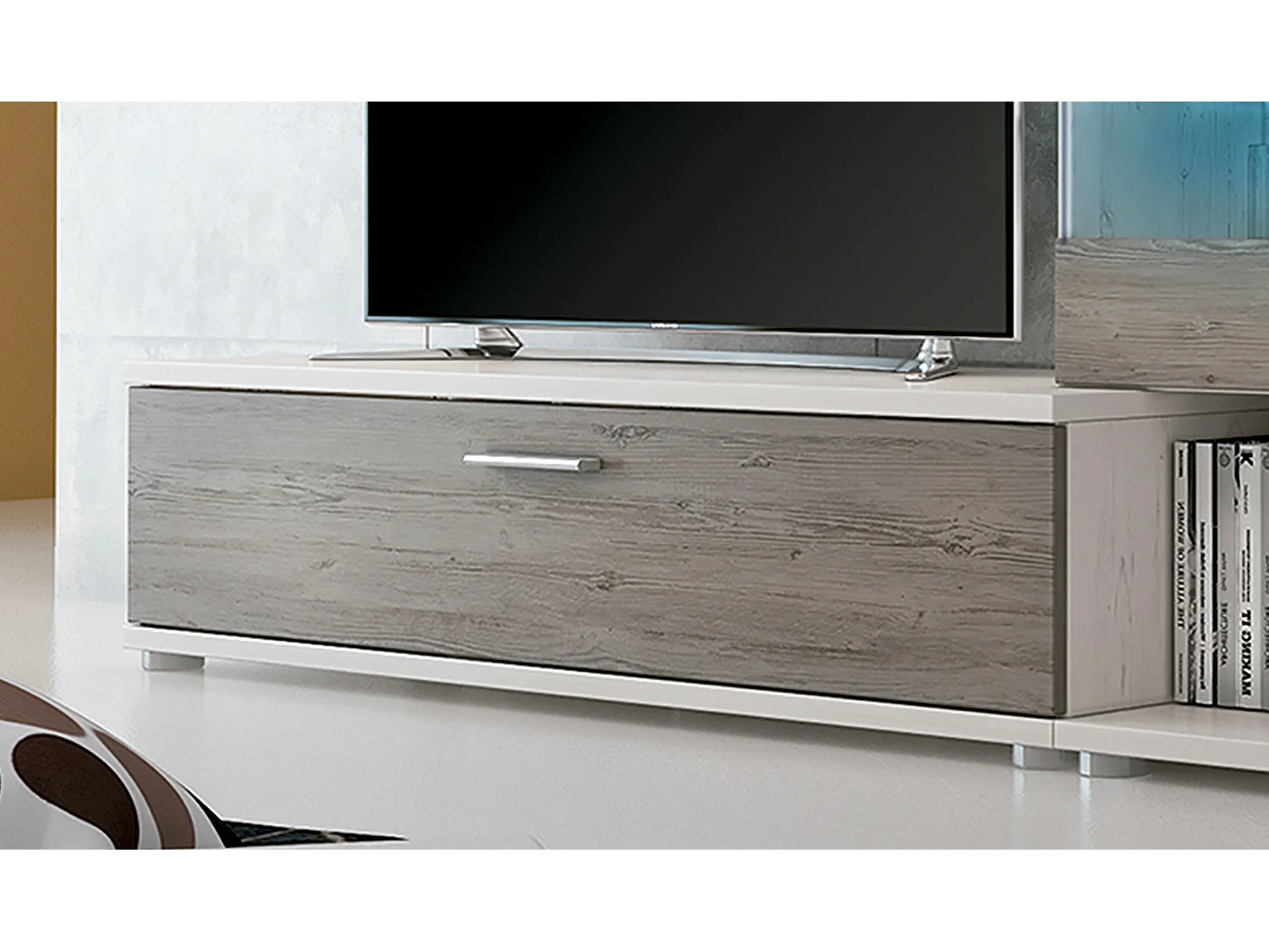 Set de TV, meuble TV, étagère haute , meuble haut, vitrine LED coloris pin Andersen, gris