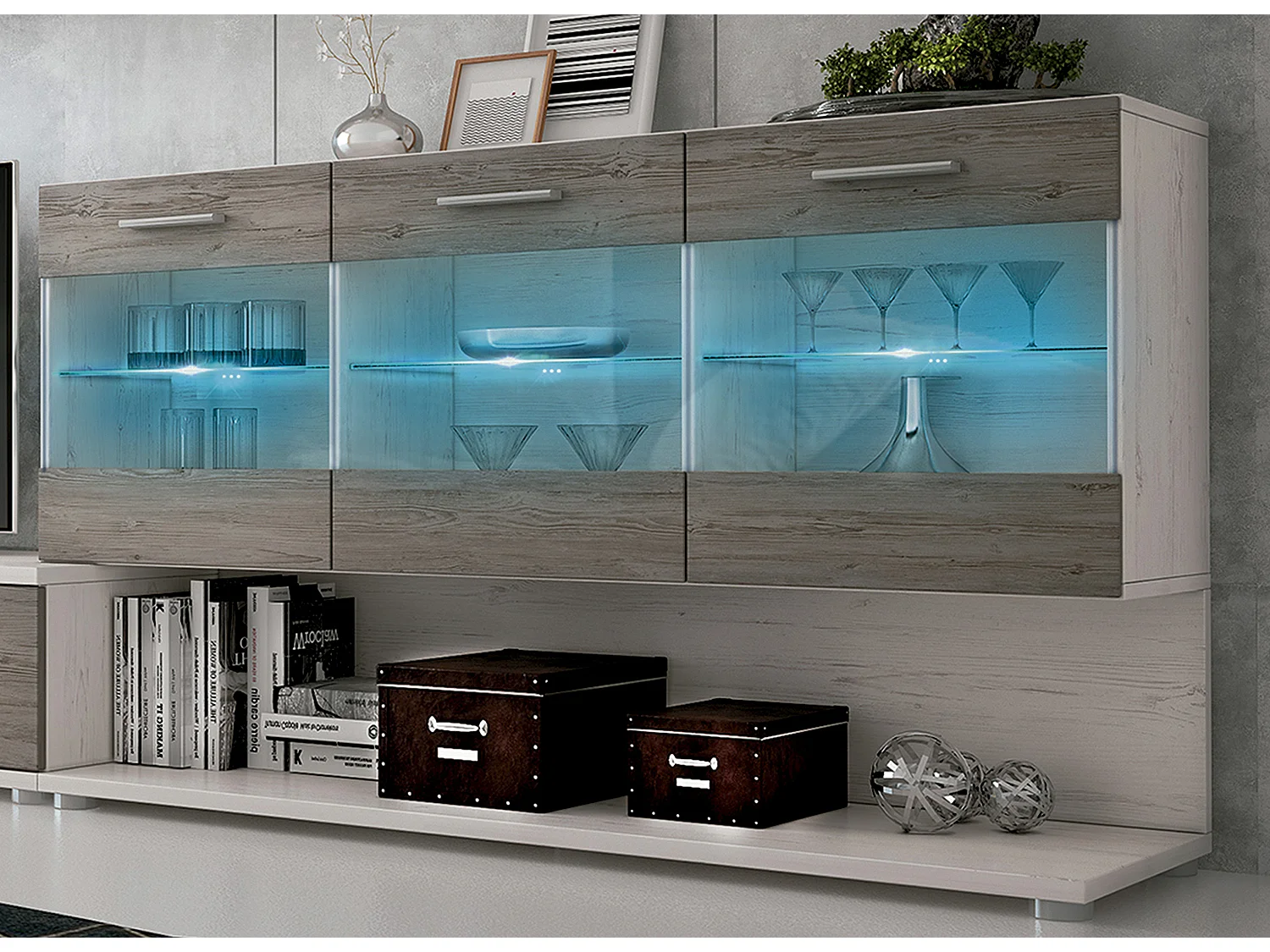 Set de TV, meuble TV, étagère haute , meuble haut, vitrine LED coloris pin Andersen, gris