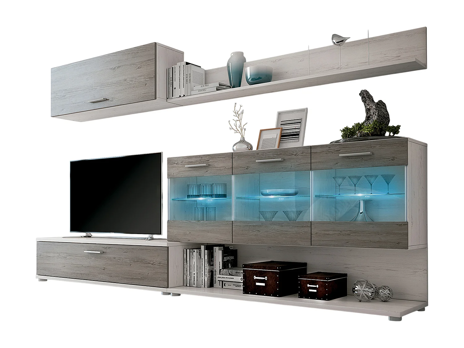 Set de TV, meuble TV, étagère haute , meuble haut, vitrine LED coloris pin Andersen, gris