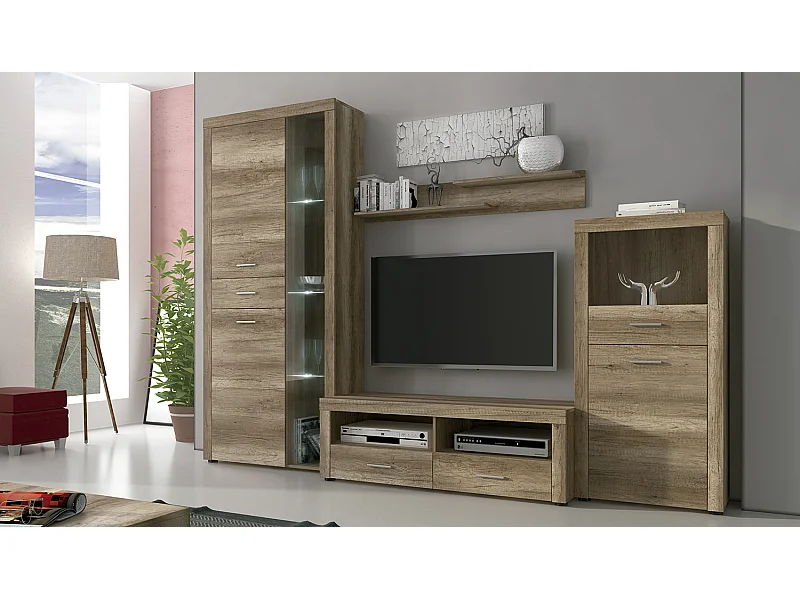 Ensemble de salon meuble TV + étagère murale + vitrine haute avec LED + buffet coloris chêne chêne vieilli