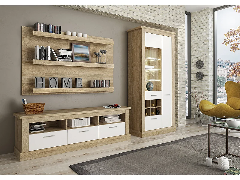 Ensemble de salon, meuble TV + 3 étagères murales + vitrine coloris Chêne cambrian/Blanc