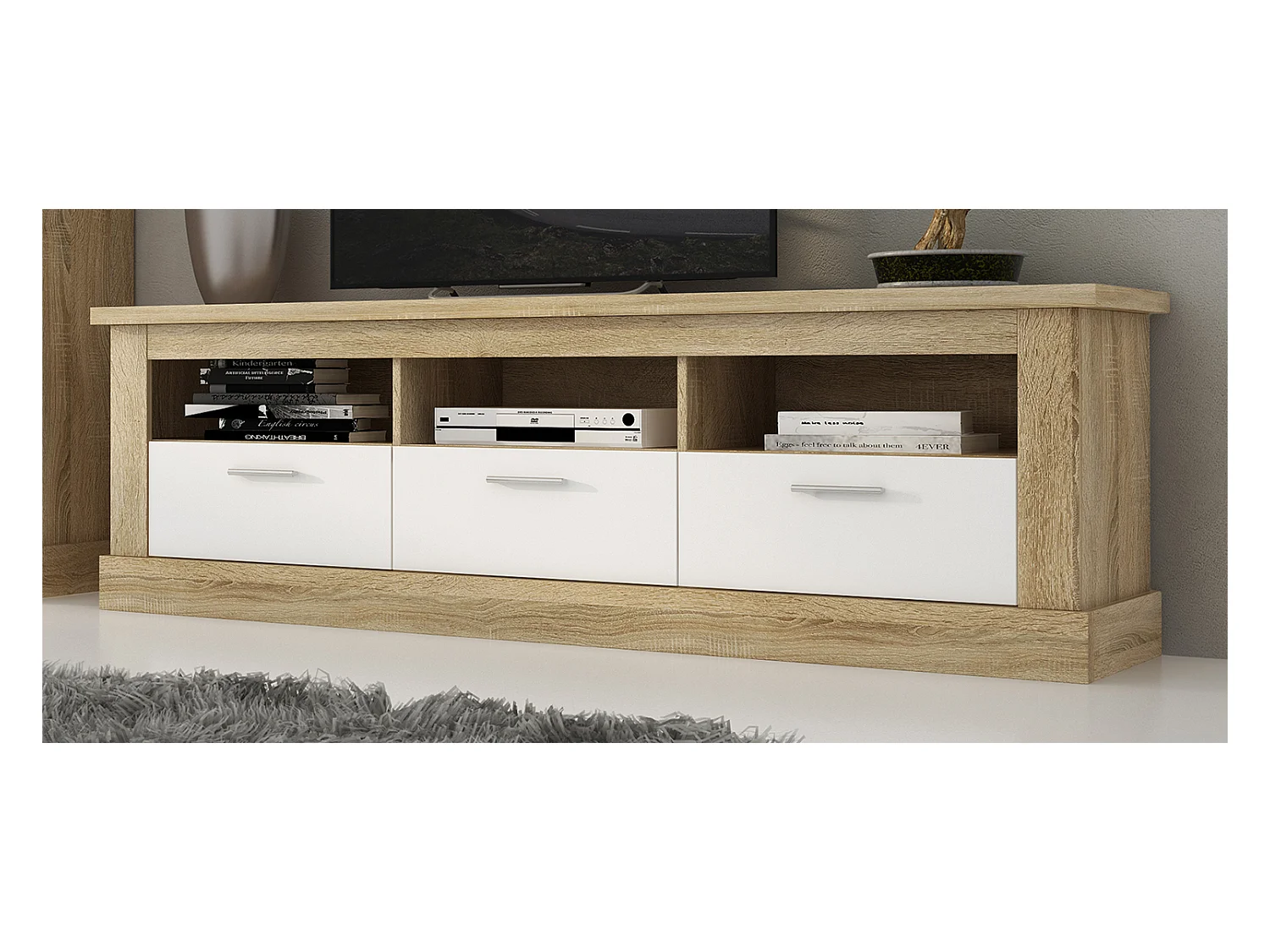 Ensemble de salon, meuble TV + 3 étagères murales + vitrine coloris Chêne cambrian/Blanc