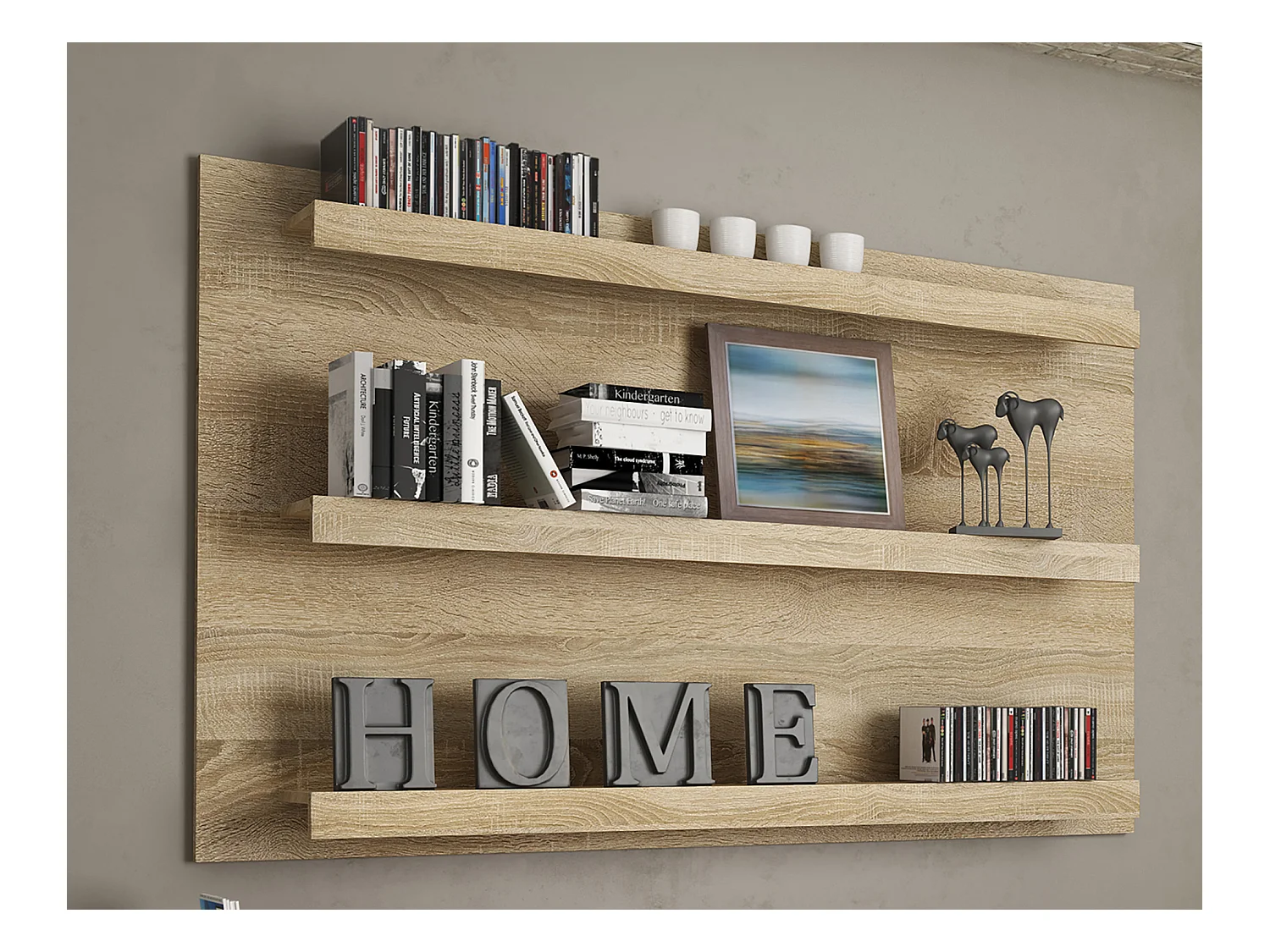 Ensemble de salon, meuble TV + 3 étagères murales + vitrine coloris Chêne cambrian/Blanc